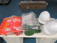 Quantity of Personal Protective Equipment to Include: 5 x Hard Hats, 2 x Pairs of Dunlop Wellies (Size 10), 2 x Orange Work Trousers & 1 x XL Orange Work Jacket.