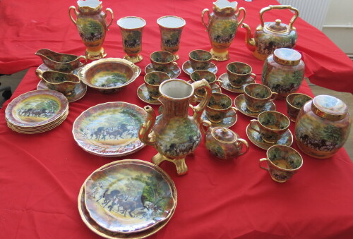 Large Collection of Romany Gypsy 'Waggon Days' Marquis Fine China, Hand Painted Carat Gold, Made in England to Include: