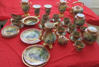 Large Collection of Romany Gypsy 'Waggon Days' Marquis Fine China, Hand Painted Carat Gold, Made in England to Include: