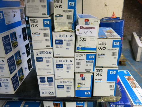 13 x Assorted HP Printer Cartridges to Include: 5 x C3903A, 3 x C4093A, 1 x Q3916A (Cyan), 1 x Q7582A (Yellow), 1 x Q2624A, 1 x 92298X & 1 x 53x.