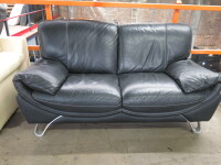 2 Seater High Back Sofa Upholstered in Black Faux Leather with White Stitching & Metal Feet, Size H90cm x W170cm x D90cm. NOTE: condition on rear (As Viewed/Pictured).