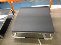 Coffee Table on Chrome Frame with Black Faux Leather Top. Size H34cm x W100cm x D100cm. NOTE: frame not square (As Viewed/Pictured).