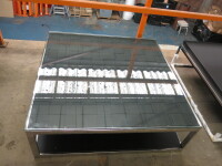Coffee Table on Chrome Frame with Black Leather Inlay & Glass Top. Size H34cm x W105cm x D105cm.