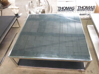 Coffee Table on Chrome Frame with Black Leather Inlay & Glass Top. Size H34cm x W105cm x D105cm.