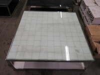 Coffee Table on Chrome Frame with White Leather Inlay & Glass Top. Size H34cm x W105cm x D105cm.
