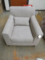 Low Back Armchair on Black Wooden Feet Upholstered in Grey Fabric.