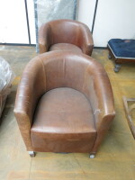Pair of Brown Faux Leather Tub Chairs on Wooden Feet, (As Viewed/Pictured).