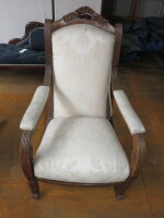 Dark Wood Armchair Upholstered in Floral Pattern Fabric.