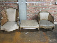 3 Piece Set of French Style Furniture to Include: 2 x Armchairs with Encased Rattan Panels & Upholstered with Star Fabric & 1 x Stool. NOTE: 1 x Armchair requires attention & upholstered fabric requires cleaning.