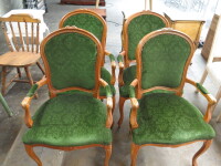 4 x Wooden Carver Dining Chairs with Cabriolet Feet & Upholstered in Green Fabric, (As Viewed/Pictured).