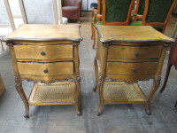 Pair of French Style 2 Drawer Wooden Bedside Cabinet with Rattan Shelf in Gold. Size H70cm x W50cm x D40cm.