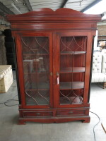 Ornate 2 Door/2 Drawer Display Cabinet with Ebony Pillars & Glass Panels. Comes with Key. Size H208cm x W155cm x D46cm (As Viewed/Pictured). NOTE: 2 x glass panels require replacing.