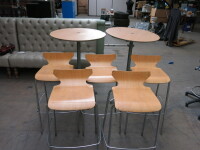 Bar Stool & Table Set to Include: 5 x Metal Frame Bar Stools with Bent Wood Seats & 2 x High Round Wooden Top Bar Tables on Metal Frame. NOTE: tops on bar tables require replacing.