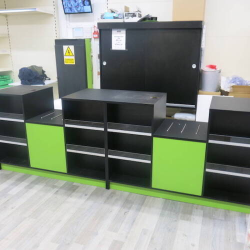 2 Till Counter System Shop Check Out with Confectionary Shelving to Front & Open Storage & Shelving to Rear in Matt Black with Lime Green. Size 300cm (L) x 100cm (H) x 60cm (D).