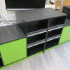 2 Till Counter System Shop Check Out with Confectionary Shelving to Front & Open Storage & Shelving to Rear in Matt Black with Lime Green. Size 300cm (L) x 100cm (H) x 60cm (D). - 4
