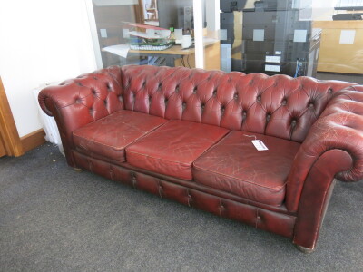 3 Seater Chesterfield Leather Button Back Sofa in Ox Blood Red, Size H70cm x W200cm x D80cm.