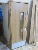 Single Wooden Fire Door with Frame and Window Insert, Size H210cm x W81.5cm.