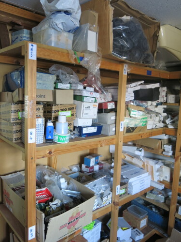 Storeroom & 3 Bays of Racking to Include a Very Large Quantity of Ironmongery & Hardware: Nails, Screws, Stainless Steel Hinges, Nuts, Bolts, Door Furniture, Handles, Wire Wool, Consumables of Orbital Sanding Discs, Dust Masks, Latex Gloves, Kitchen Cabin