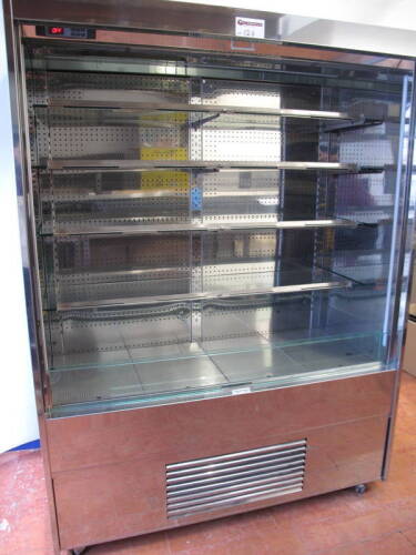 Polished Stainless Steel Illuminated Refrigerated Multideck Display Cabinet with 4 Adjustable Glass Shelves, Night-blind & on Castors. Size H198cm x D73cm x W148cm