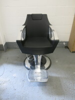 Maletti Reclining Swivel Barbers Chair. Height Adjustable with Hydraulic Foot Pump, Adjustable Head & Foot Rest, Polished Aluminium Tread Plate, Upholstered in Black Vinyl.