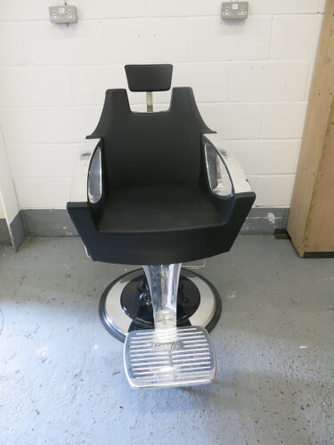 Maletti Reclining Swivel Barbers Chair. Height Adjustable with Hydraulic Foot Pump, Adjustable Head & Foot Rest, Polished Aluminium Tread Plate, Upholstered in Black Vinyl.