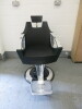 Maletti Reclining Swivel Barbers Chair. Height Adjustable with Hydraulic Foot Pump, Adjustable Head & Foot Rest, Polished Aluminium Tread Plate, Upholstered in Black Vinyl.