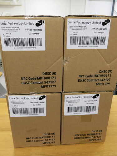 4 x Boxes of 12 x 50pcs Eumar Technology Type IIR Face Masks.