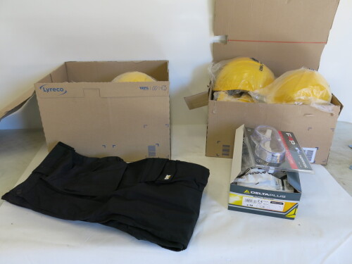 Quantity of Health & Safety Work Ware to Include: 9 x Delta Plus Safety Spectacles, 1 x F4P Lightweight Safety Goggles, 11 x Delta Plus Industrial Safety Helmet & 1 x Caterpillar Black Work Trousers, Waist 34".