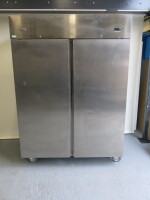 Electrolux Commercial 2 Door Stainless Steel Freezer, Model RS13FX42FG, S/N 128007012. Size H200cm x W144cm x D77cm. NOTE: requires shelves