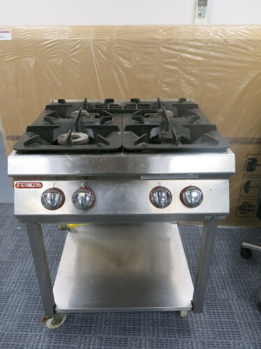 Angelopo 4 Burner Gas Range on Mobile Stainless Steel Base with Shelf Under. Size H95cm x W70cm x D75cm. NOT VAT ON LOT.