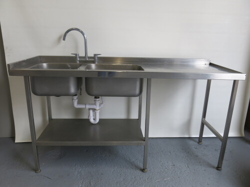 Stainless Steel Double Bowl Sink with Mixer Tap, Part Splash Back & Shelf Under. Size H93cm x W180cm x D65cm.