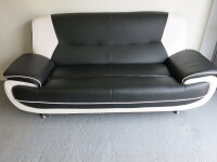 Black & White Faux Leather 3 Seater Sofa with Padded Arms on Metal Legs, Size H85cm x W190cm x D85cm.