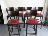 6 x Alternative by Ton High Back Dark Wood Stall with Padded Seat & Upholstered in Red Faux Leather. H110cm. NOTE: missing brass stud detail to seat (As Viewed/Pictured).