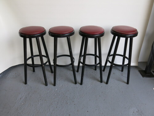 4 x Alternative by Ton Dark Wood Stall with Metal Ring Foot Rest, Padded Seat Upholstered in Red Faux Leather with Part Brass Stud Detail. H83cm.