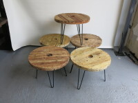 5 x Rustic Tables with Wooden Top & Metal Wired Legs. H47cm x D64cm.
