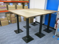 3 x High Bar Table with Chunky Wooden Tops on Heavy Twin Pedestal Metal Bases. Size H113cm x W170cm x D65cm.