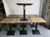 7 x Square Restaurant Tables with Chunky Wooden Tops on Heavy Single Pedestal Metal Bases. Size H76cm x W65cm x D65cm.