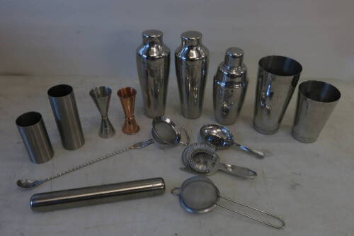 Lot of Assorted Cocktail Shakers & Utensils (As Pictured/Viewed)