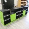 2 Till Counter System Shop Check Out with Confectionary Shelving to Front & Open Storage & Shelving to Rear in Matt Black with Lime Green. Size 300cm (L) x 100cm (H) x 60cm (D). - 2