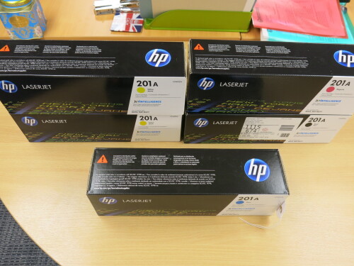 5 x Boxed/New Genuine HP Laser Jet 201A Print Cartridges to Include: 1 x Black, 1 x Magenta, 1 x Cyan & 2 x Yellow.