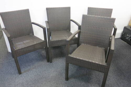 4 x Bacchus Exterior Stacking Armchairs. Aluminum Framed in Woven Mocha PU Weave. Size H86cm x D50cm x W55cm.