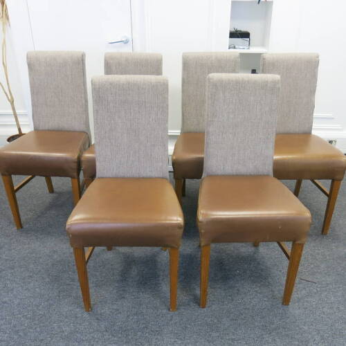 6 x Fabric High Back Wooden Dining Chair with Brown Faux Leather Seat. Size H100cm x D50cm x W45cm