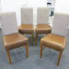 4 x Fabric High Back Wooden Dining Chair with Brown Faux Leather Seat. Size H100cm x D50cm x W45cm