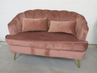 Pink 2 Seater Shell Back Sofa on Gold Coloured Legs with 2 Cushions.