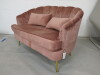Pink 2 Seater Shell Back Sofa on Gold Coloured Legs with 2 Cushions. - 3
