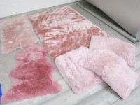 Assortment of Pink Furnishings to Include Sheepskin Rug, 2 x Rugs & Fluffy Bed Set.