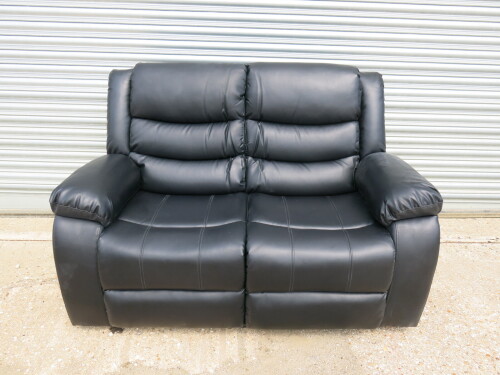 Set of 2 Roma 'Chicago' Black Premium Aire Leather 2 Seater Recliner Sofa & 1 Seater Recliner Chair Set. Size H96 x W149 & W102 x D84cm. RRP &pound;1219.00. NOTE: sofa is boxed & single seater is New/Ex Display.