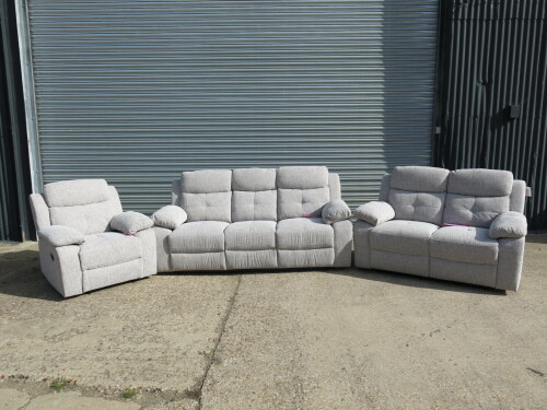 Set of 3 Caro 'Dakota' Silver Fabric Reclining Sofas to Include: 3 Seater, Size H96 x W205 x D85cm, 2 Seater, Size H96 x W150 x D85cm & Single Seater, Size H96 x W95 x D85cm. Boxed/New, RRP &pound;2324.00