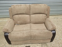 Woodstock Fabric & Brown Premium Aire Leather Reclining 2 Seater Sofa, Size H96 x W140 x D85cm. New/Ex Display. RRP &pound;699.00