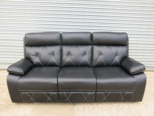 Black Premium Aire Leather 3 Seater Recliner Sofa with White Stitching Effect. H100 x W205 x D82cm. Ex Display.